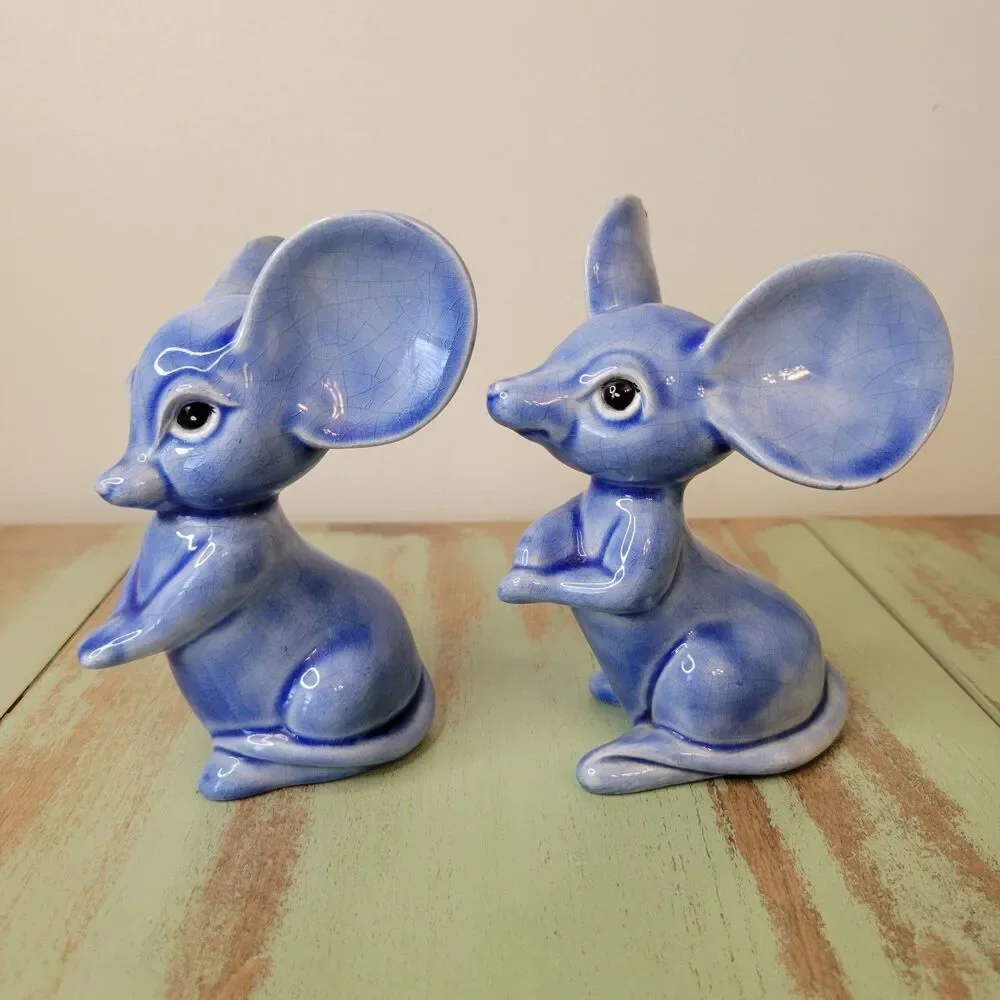 Blue Mouse Ceramic Figurine Pair